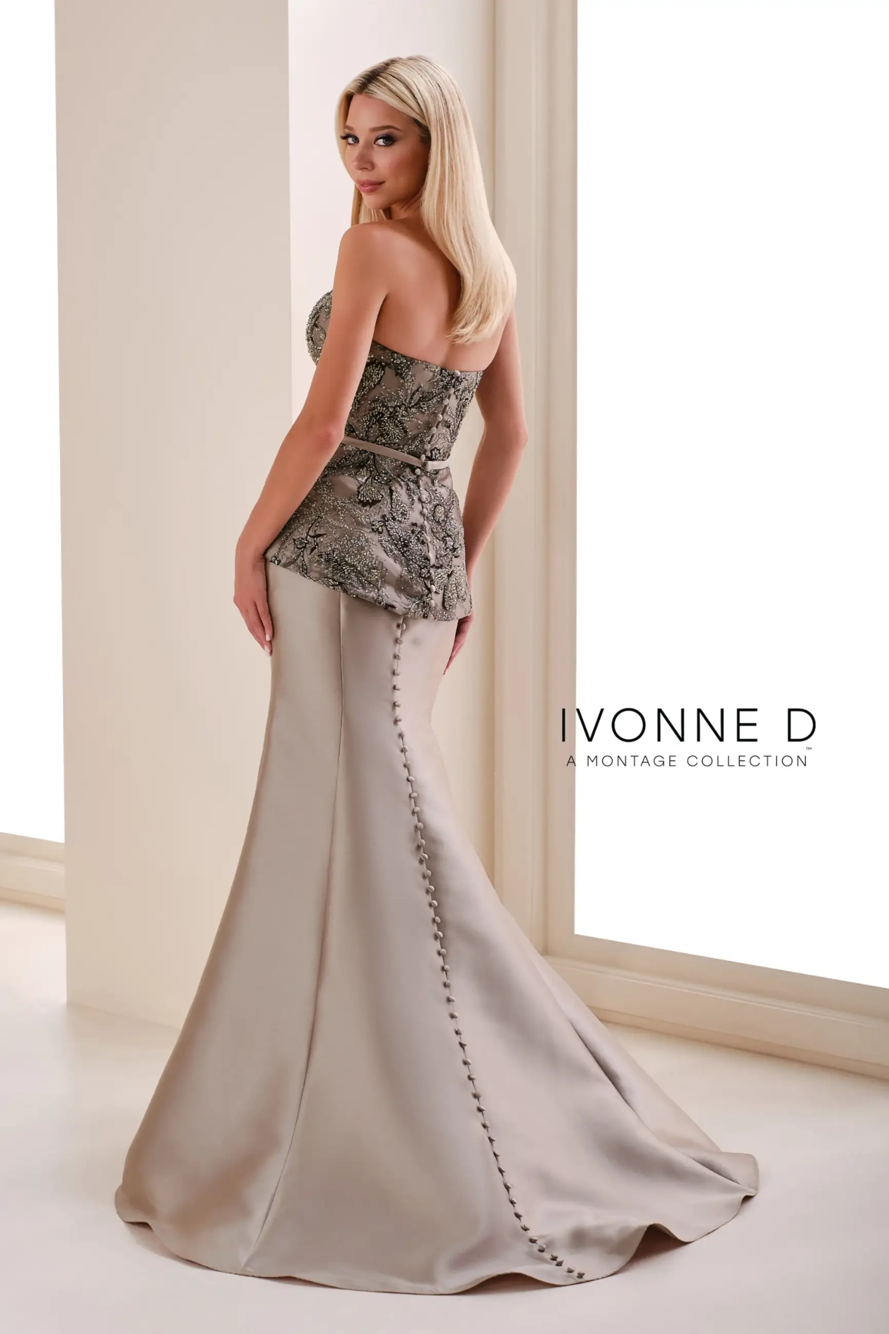 Elegant woman in an ornate, fitted gown with detailed lace bodice and flowing skirt, standing in a bright room. Text reads 