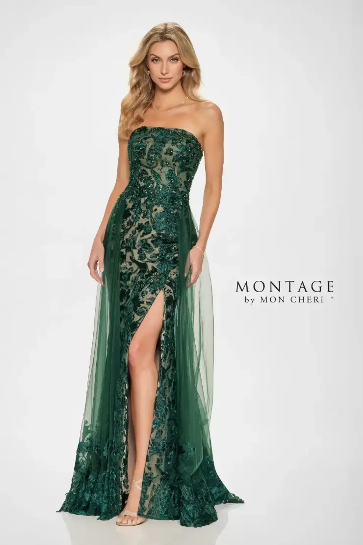 model is wearing a strapless green evening gown with a slit