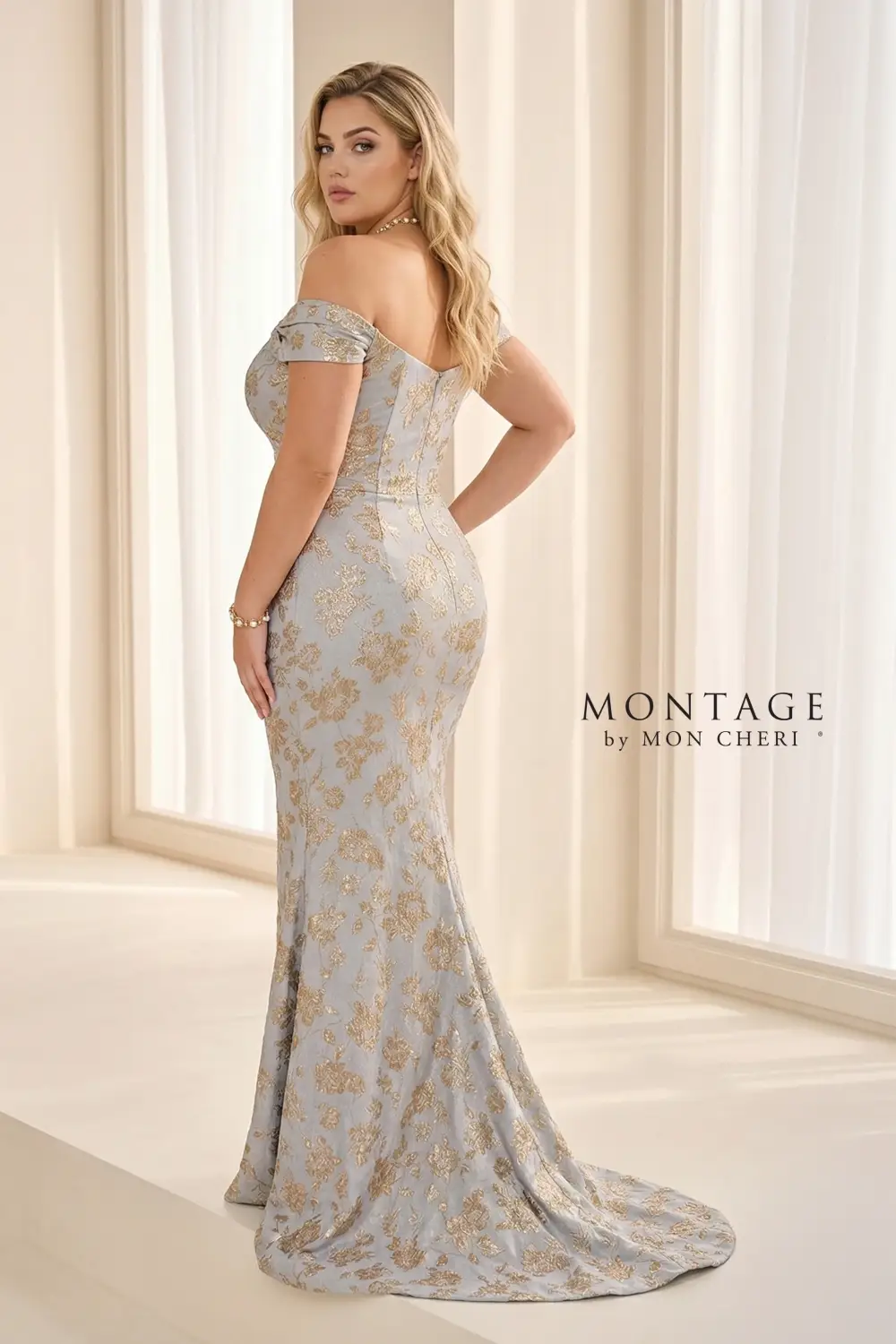 model is wearing a gold off the shoulder mothers dress