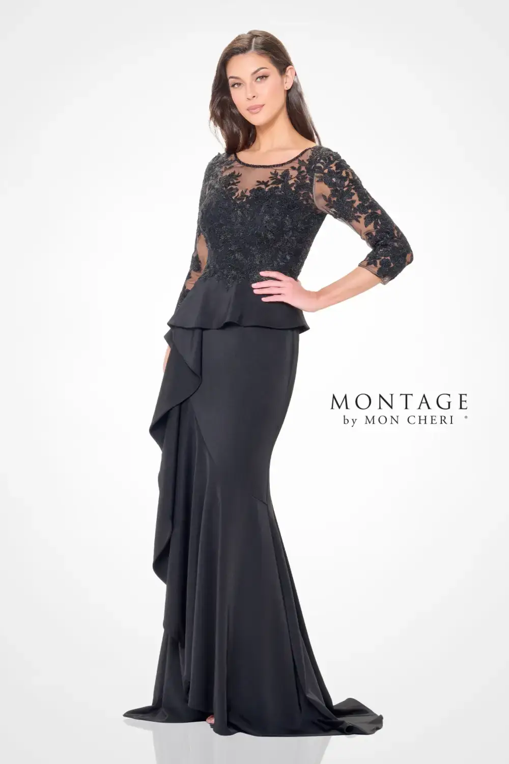 model is wearing a quarter sleeve mother of the bride gown