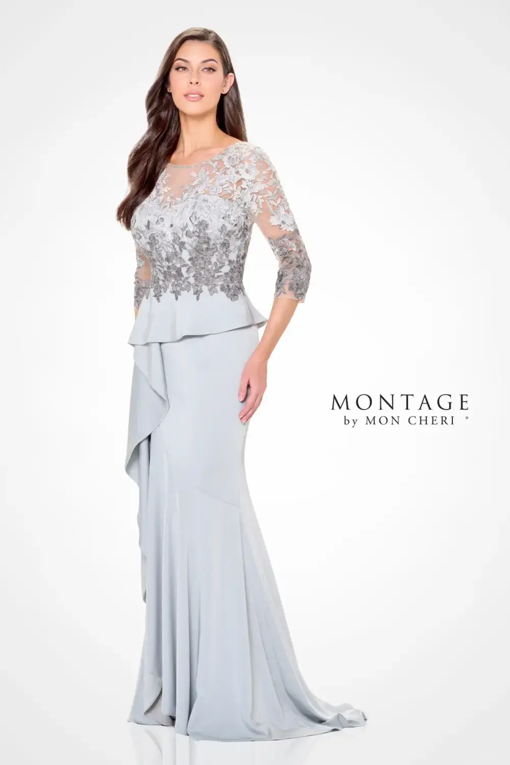 model is wearing a quarter sleeve mother of the bride gown