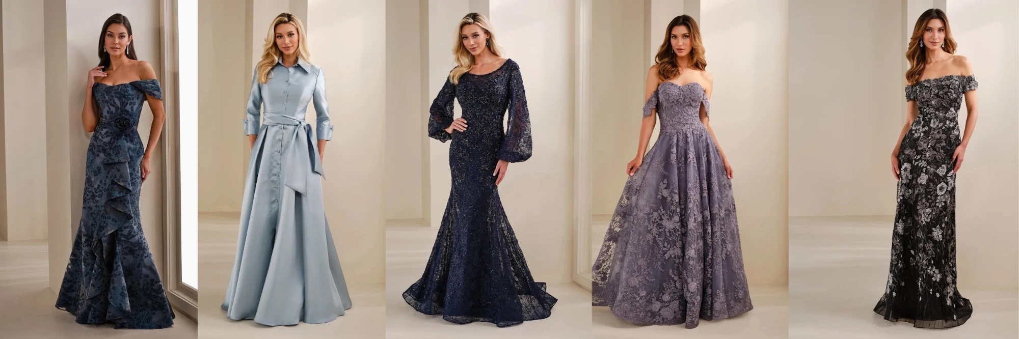 Models wearing mother of the bride dresses