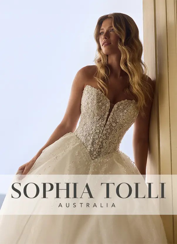 Bride wearing Sophia Tolli Fall 2025 wedding dress