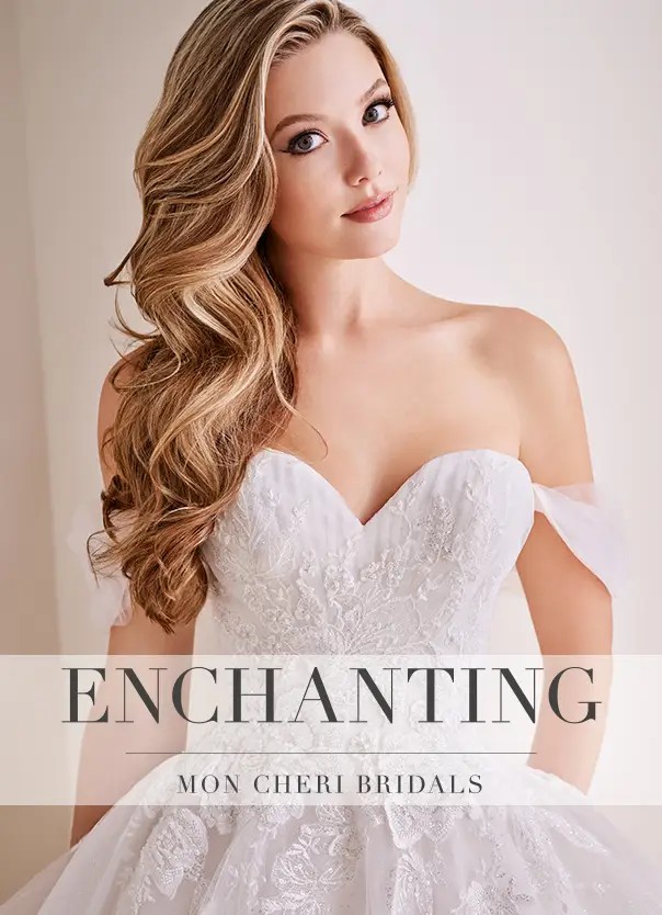 Woman wearing floral applique wedding dress