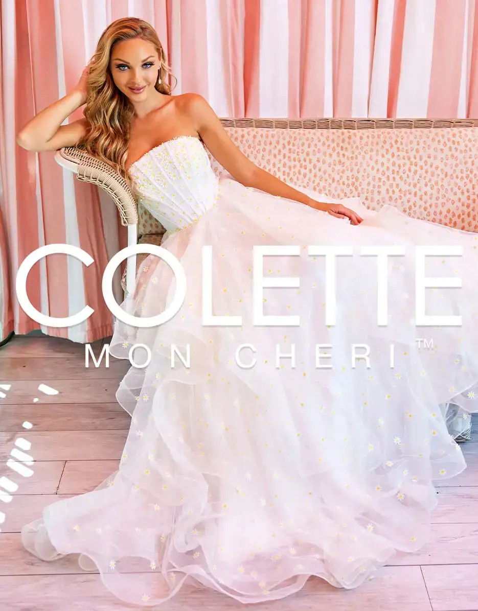 Model wearing white prom dress