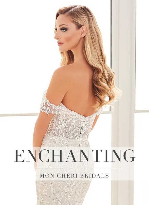 Woman wearing floral applique wedding dress