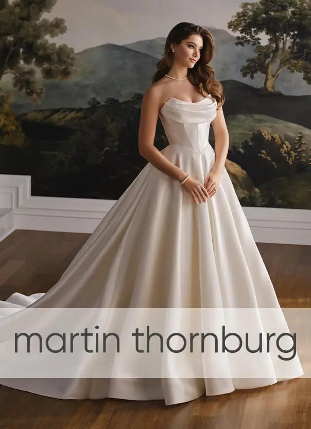 Woman wearing martin thornburg fall 2025 collection wedding dress