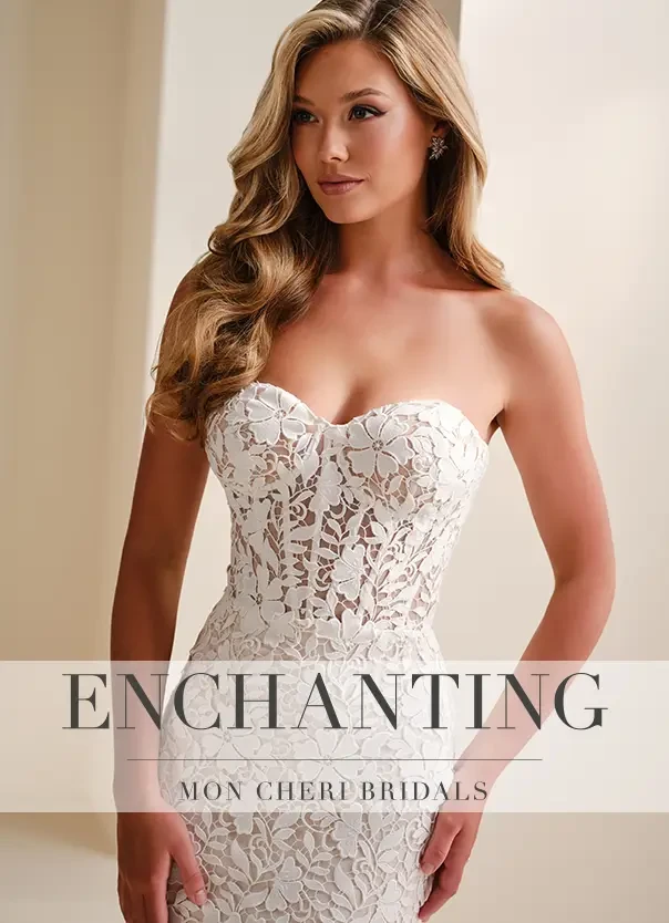 Woman wearing floral applique wedding dress