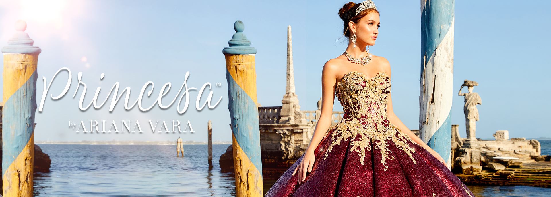 Girl wearing red and gold quinceañera dress