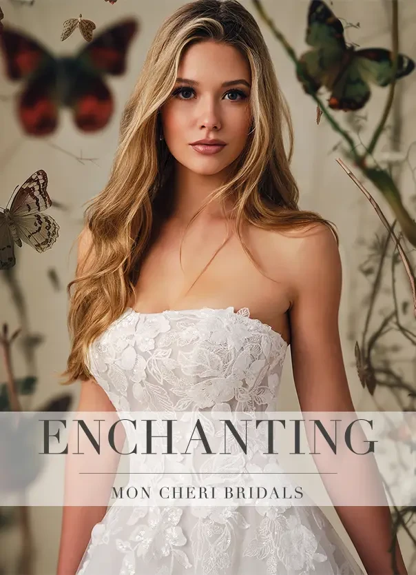 Woman wearing floral applique wedding dress