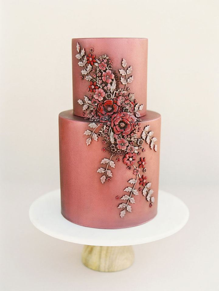 Vintage Style Floral Appliqués Adorn This Coppery Pink Wedding Cake