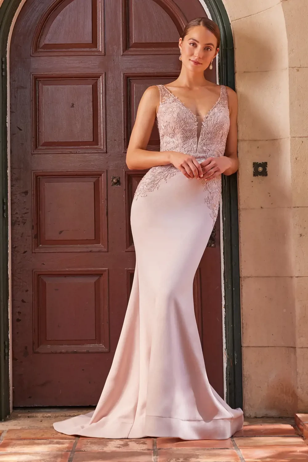 open lace back dress Beaded Blush Pink Evening Dresses Extra Long Sleeve Mother of the Brid –  Viniodress