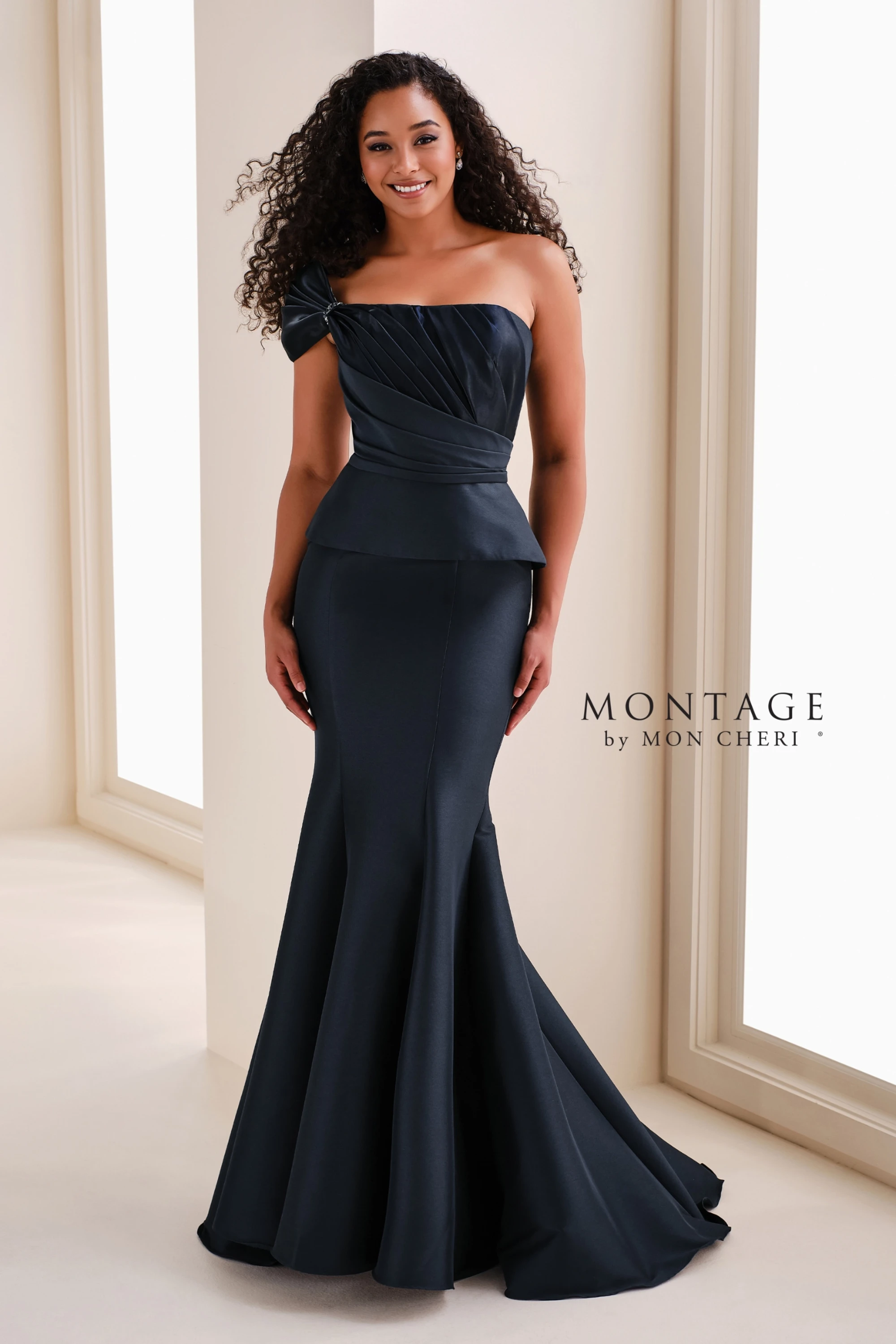 One Shoulder Mikado Mermaid Gown w/ Shawl