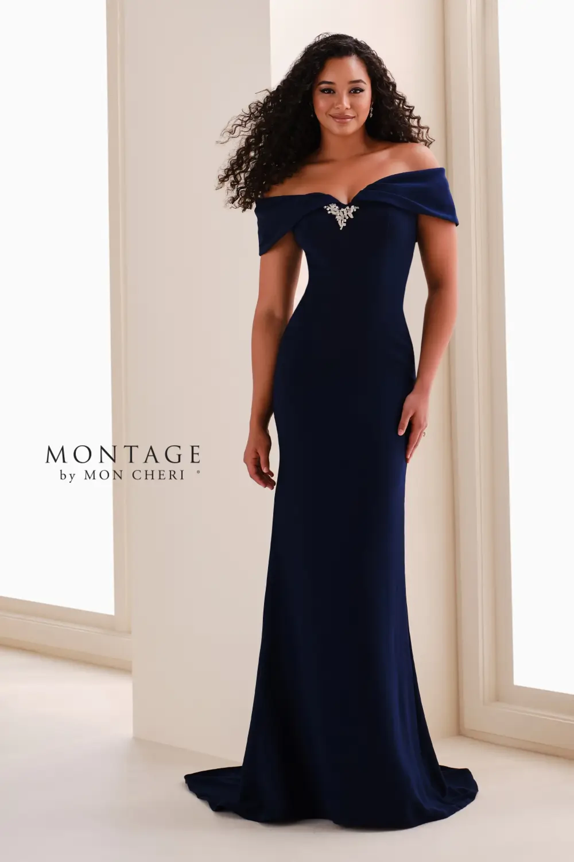 montage dresses navy blue Mermaid Gown with Visually Stunning Asymmetric Neckline and Beaded Bodice